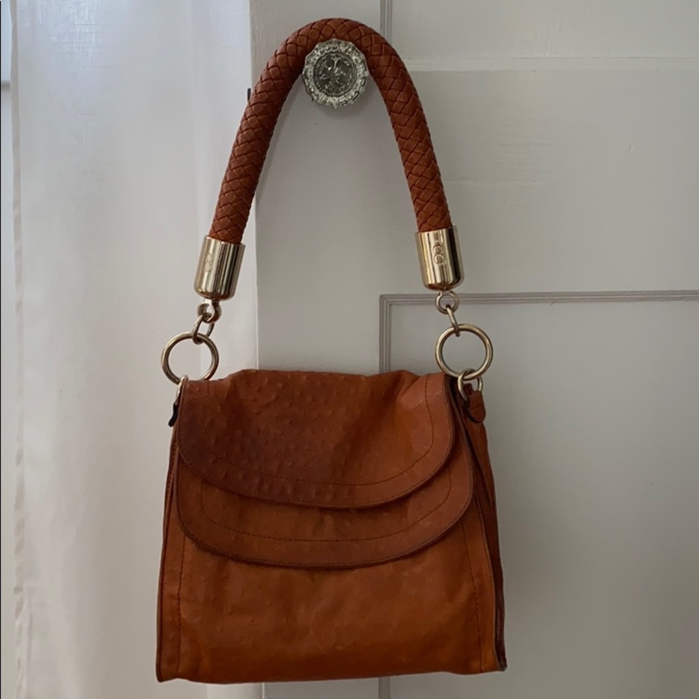 Bill Blass Cognac Ostrich Embossed leather satchel